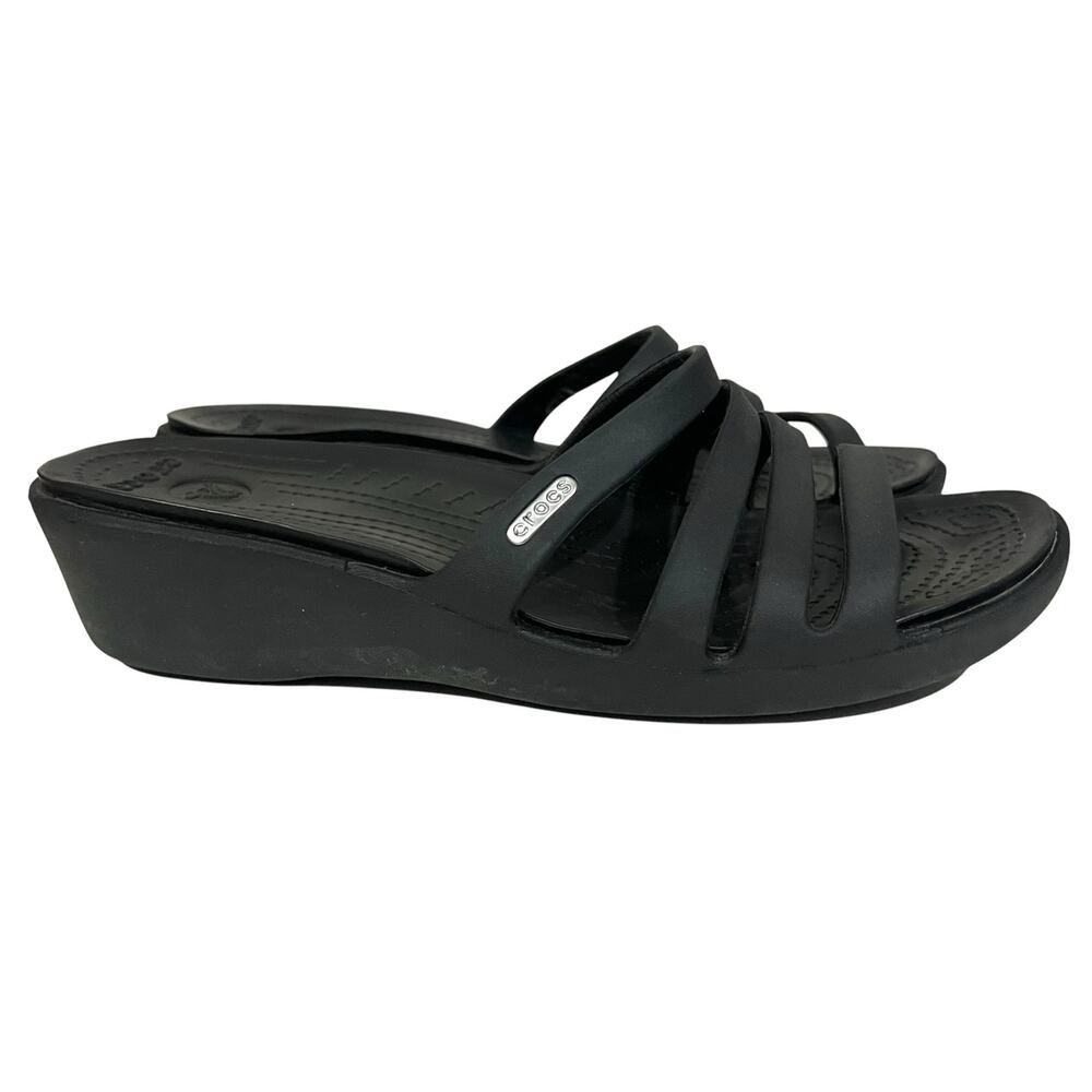 Crocs Rhonda Strappy Wedge Sandals Slides Black Womens Size 10